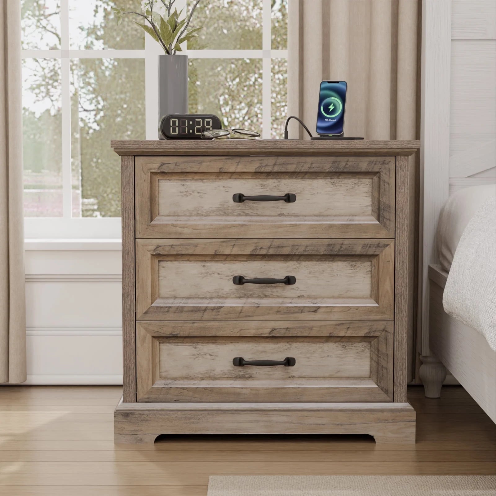 Hommpa Farmhouse 3 Drawers Nightstand with Charging Station, Rustic Wood Night Stand with Drawers for - Product image 19