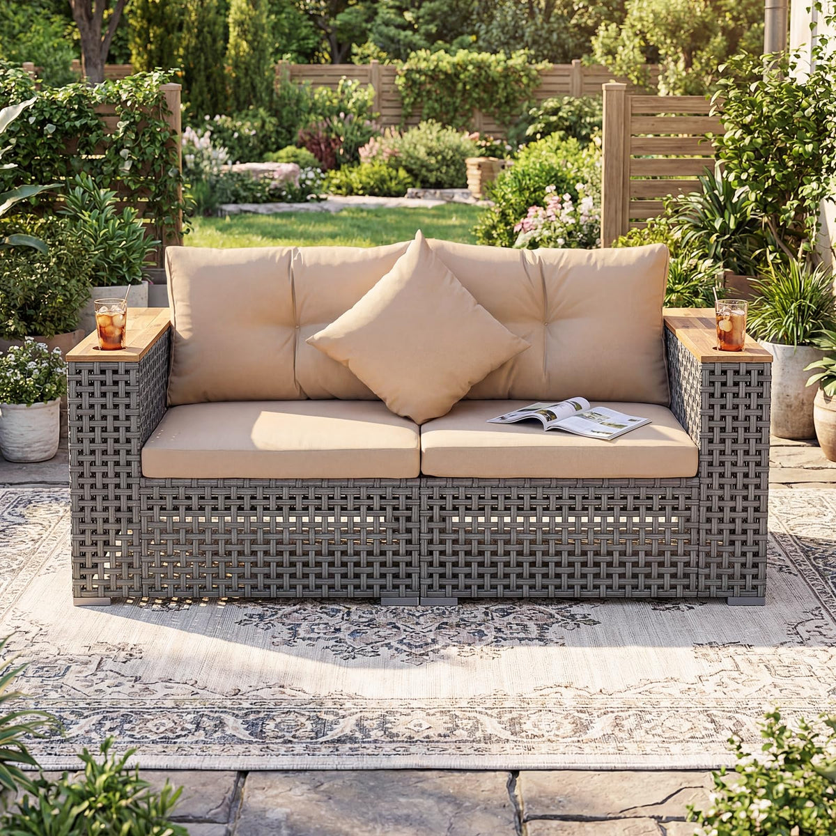 Tangkula 62.5" Large Patio Wicker Loveseat with Acacia Wood Armrests & Cup Holders - Product image 4