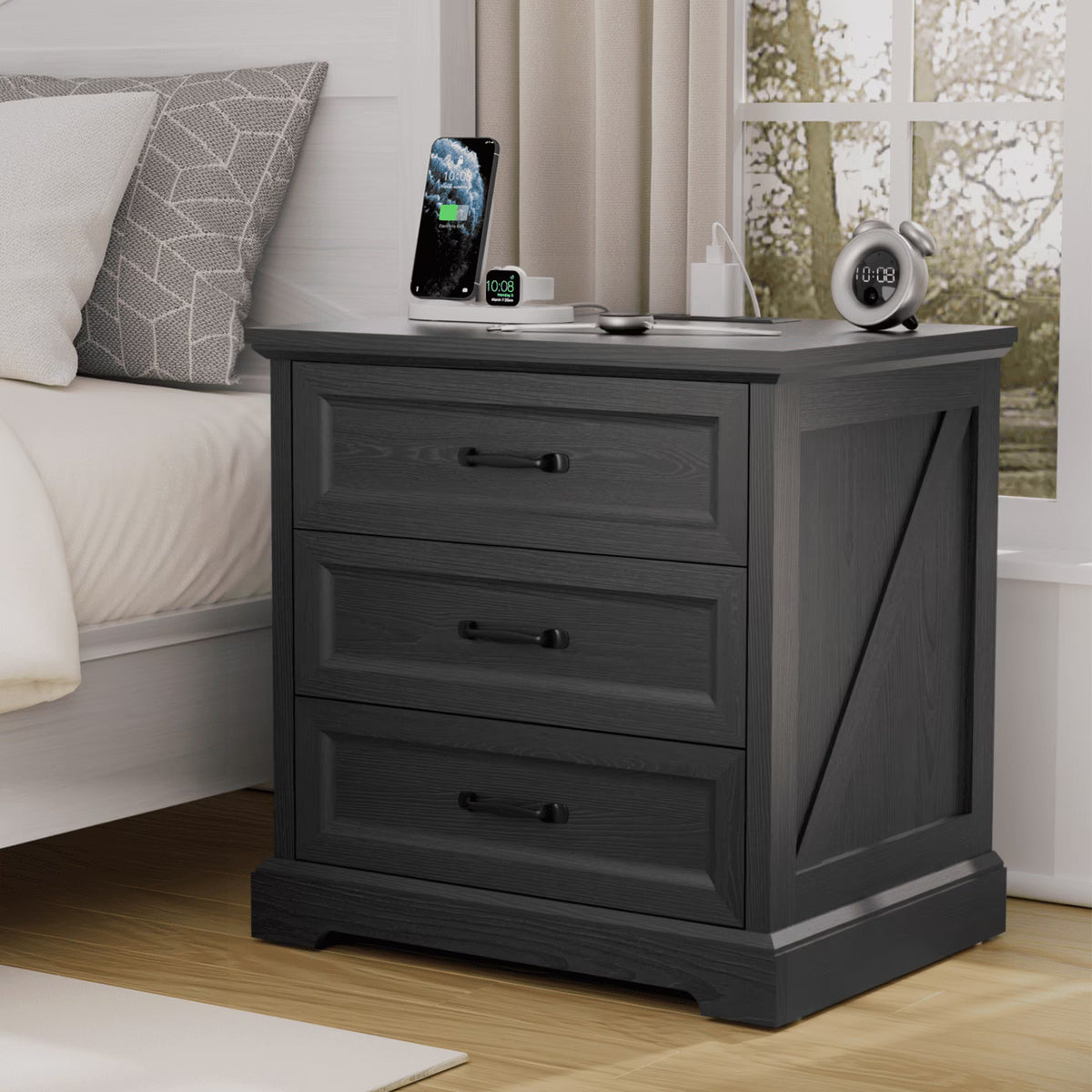 Hommpa Farmhouse 3 Drawers Nightstand with Charging Station, Rustic Wood Night Stand with Drawers for - Product image 5