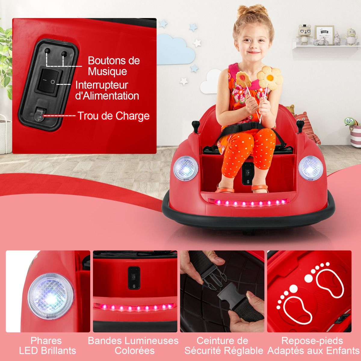 12V Electric Bumper Car for Kids Battery Powered Remote Control LED Lights Music for Ages 2-5 Pink/Red/Blue -