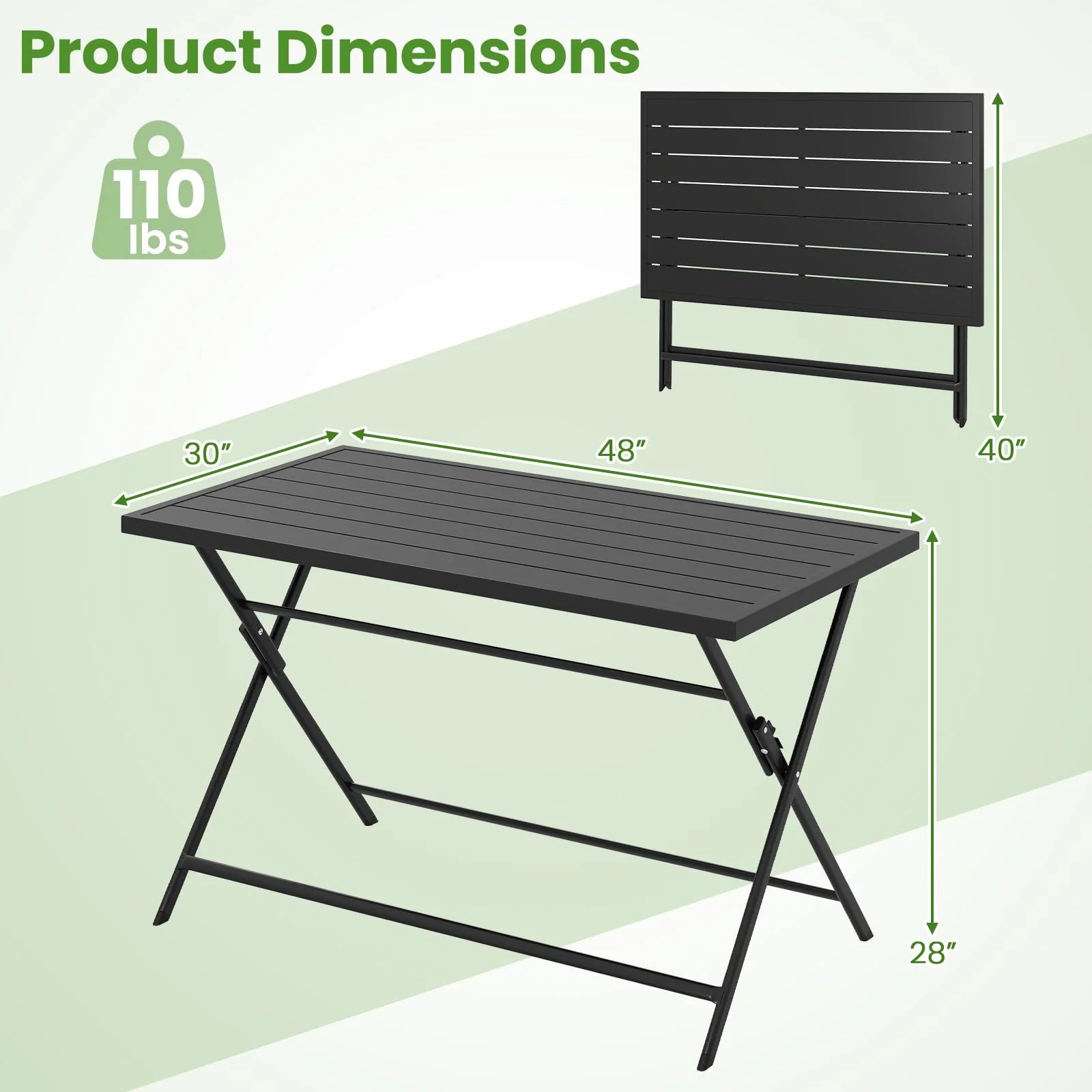 Tangkula Foldable Outdoor Dining Table 48inch x 30inch Rectangular Metal Patio Table with Slatted Tabletop