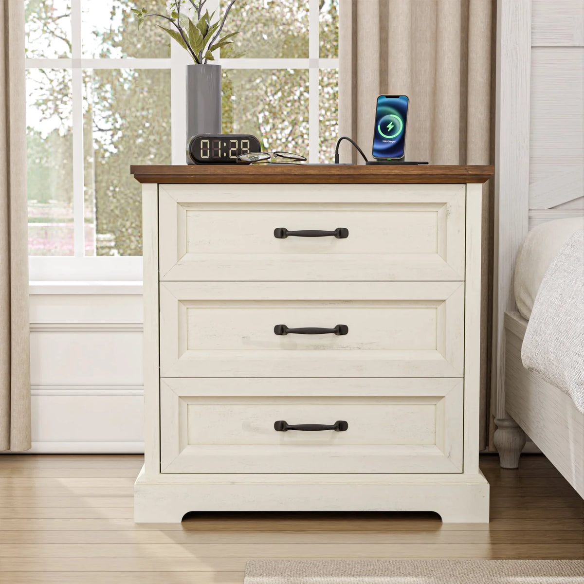 Hommpa Farmhouse 3 Drawers Nightstand with Charging Station, Rustic Wood Night Stand with Drawers for - Product image 11