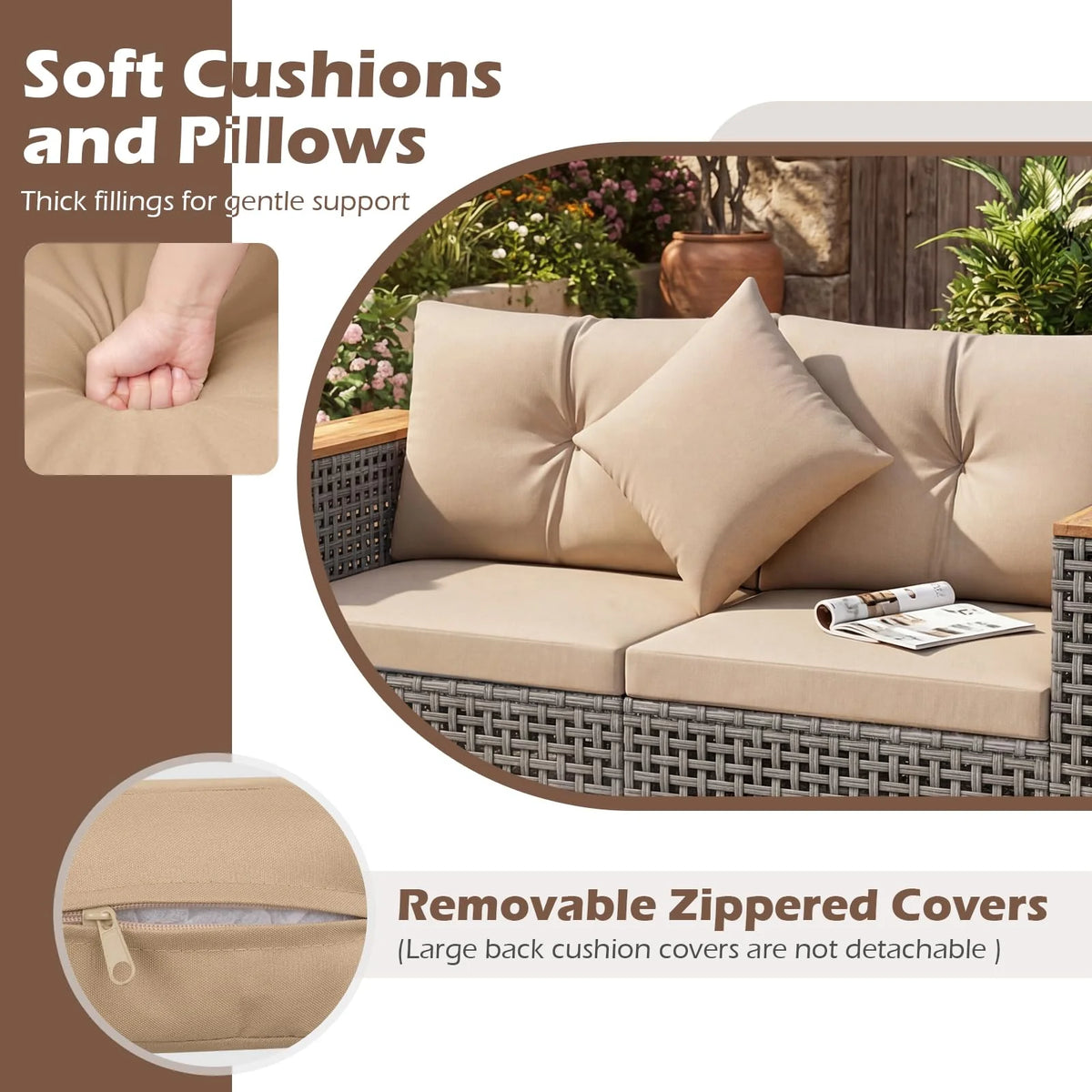 Tangkula 62.5" Large Patio Wicker Loveseat with Acacia Wood Armrests & Cup Holders - Product image 7