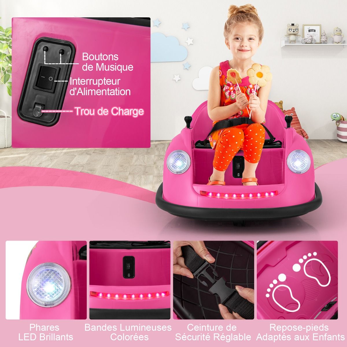 12V Electric Bumper Car for Kids Battery Powered Remote Control LED Lights Music for Ages 2-5 Pink/Red/Blue -