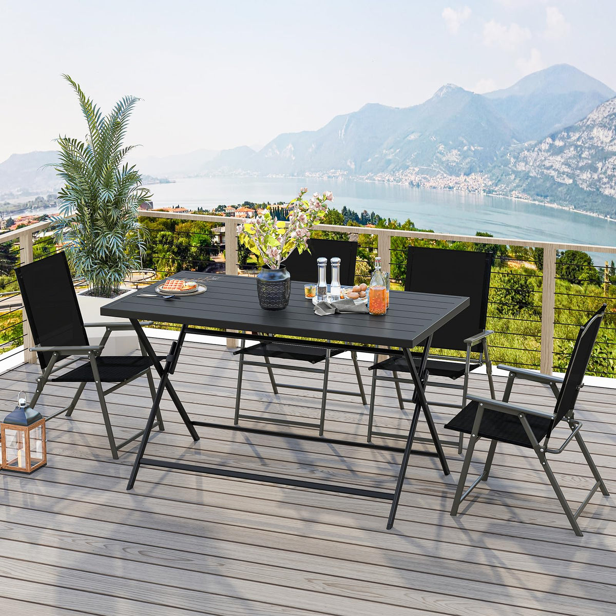 Tangkula Foldable Outdoor Dining Table 48inch x 30inch Rectangular Metal Patio Table with Slatted Tabletop