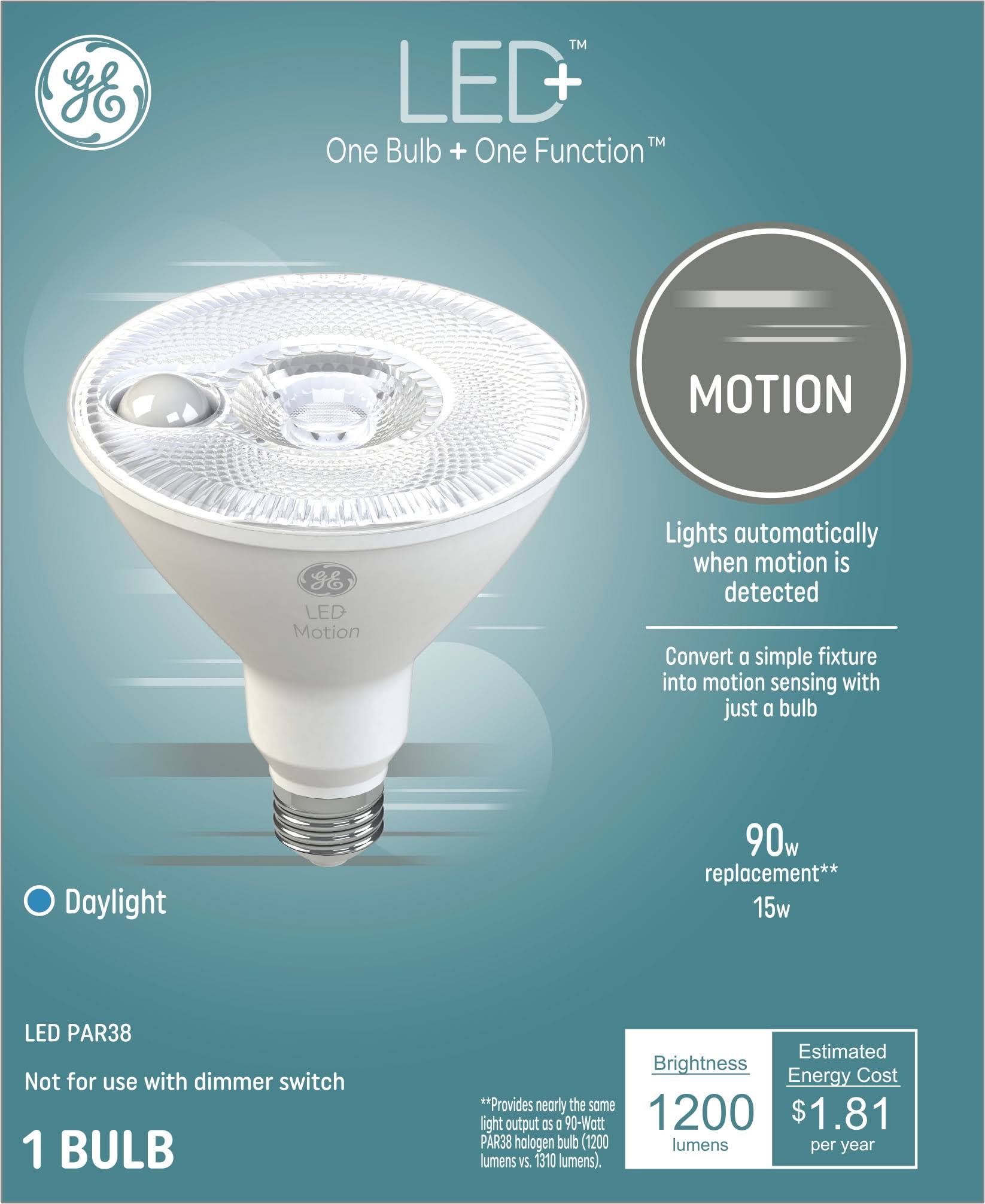 GE LED+ Motion LED Light Bulb, Daylight, PAR38 Outdoor Floodlight Motion Sensor, 15 Watts, 93130099 - Product image 1