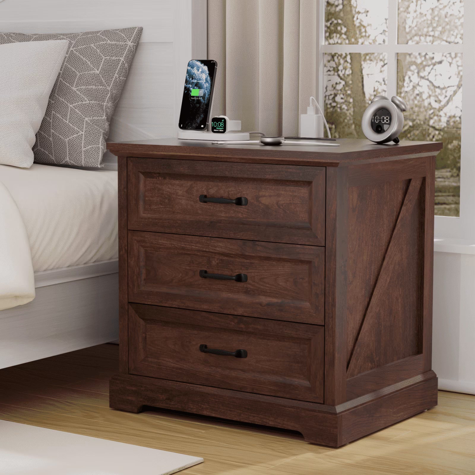 Hommpa Farmhouse 3 Drawers Nightstand with Charging Station, Rustic Wood Night Stand with Drawers for - Product image 7