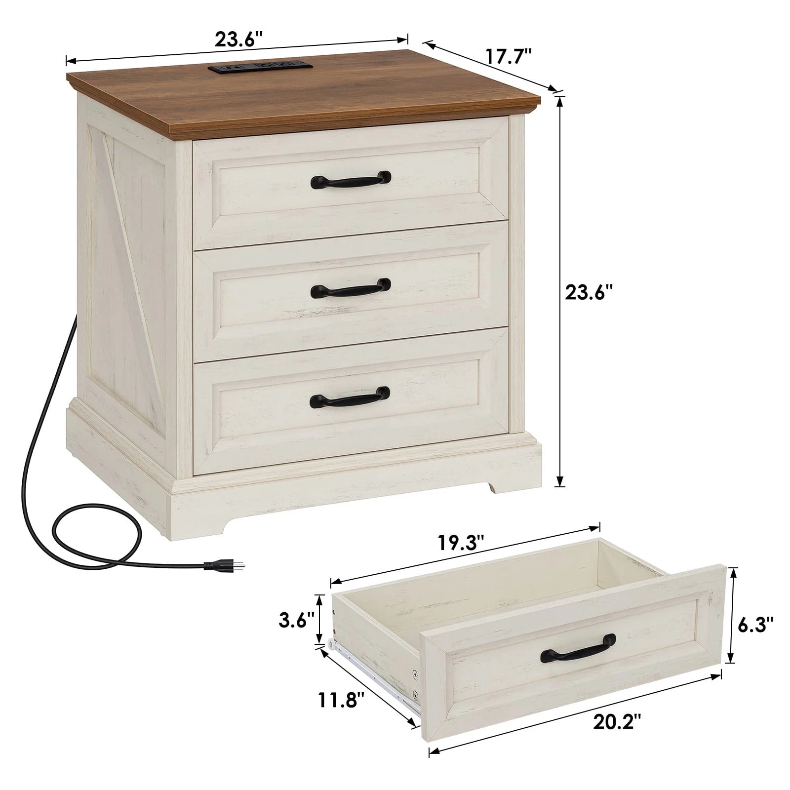Hommpa Farmhouse 3 Drawers Nightstand with Charging Station, Rustic Wood Night Stand with Drawers for - Product image 10