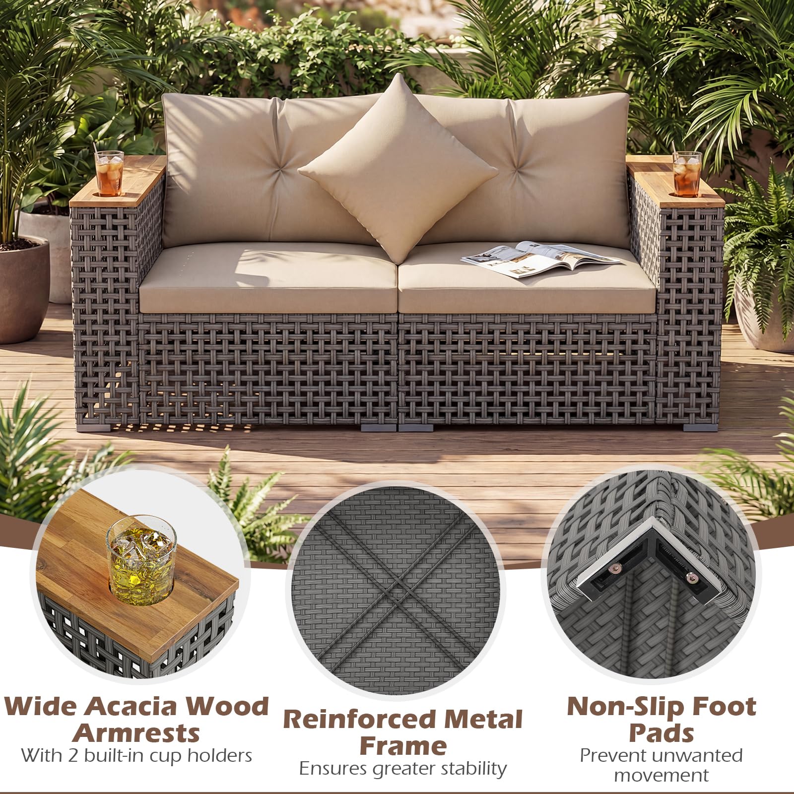 Tangkula 62.5" Large Patio Wicker Loveseat with Acacia Wood Armrests & Cup Holders - Product image 8