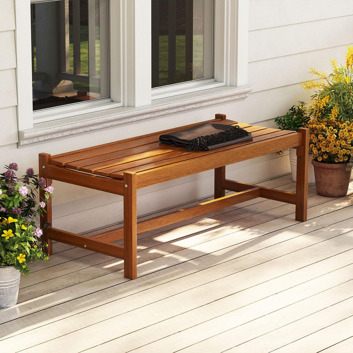 Tangkula Outdoor Wood Bench Backless Set of 1/2 Solid Hardwood Patio Dining Bench(1/2) - Product image 2