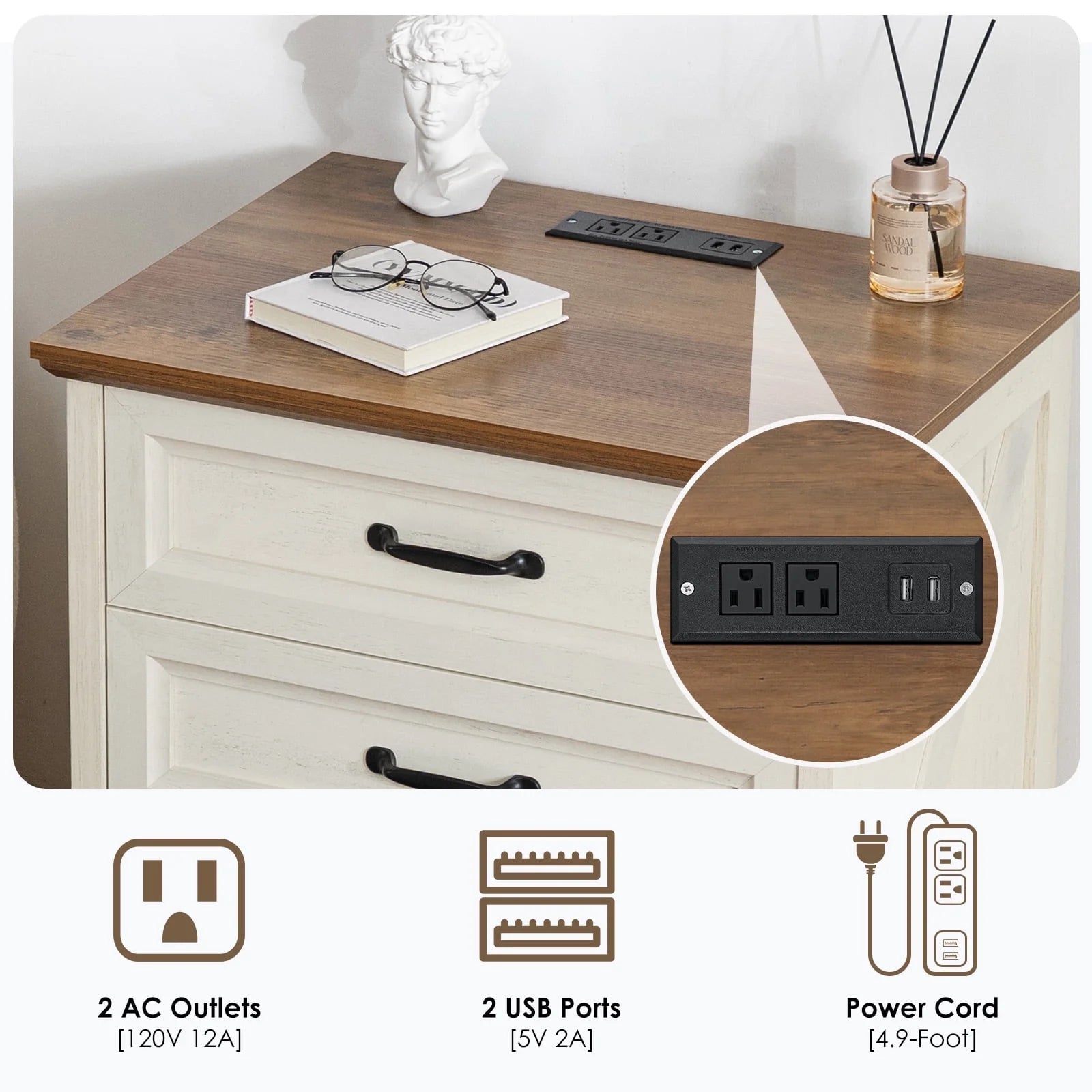 Hommpa Farmhouse 3 Drawers Nightstand with Charging Station, Rustic Wood Night Stand with Drawers for - Product image 2