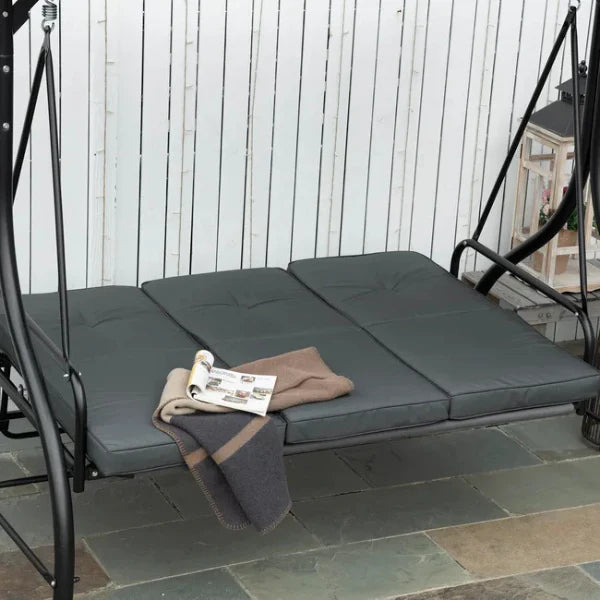 3-seater convertible garden swing, mattress supplied, black metal gray -