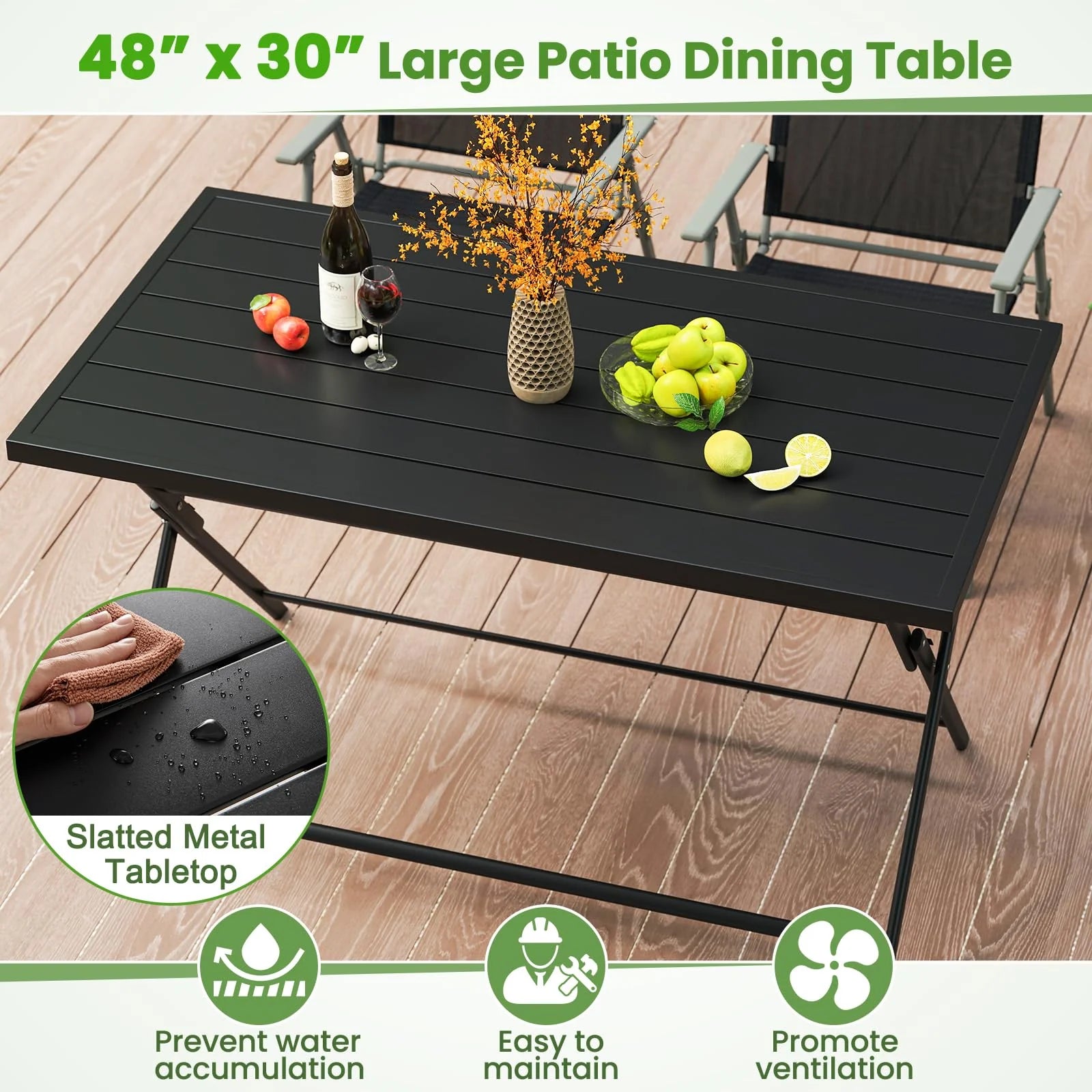 Tangkula Foldable Outdoor Dining Table 48inch x 30inch Rectangular Metal Patio Table with Slatted Tabletop