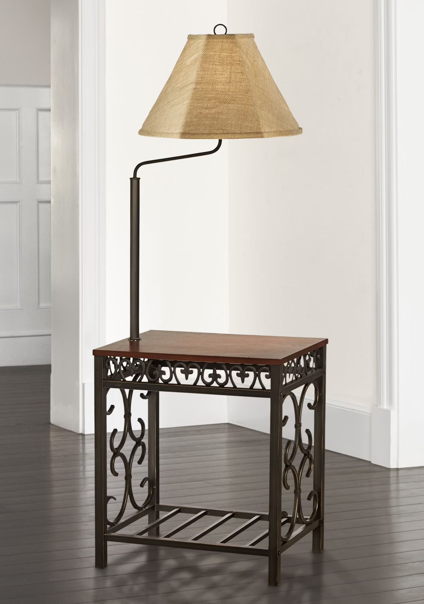 Regency Hill Travata Rustic Vintage Floor Lamp with End Table 54" Tall Bronze Scrollwork Swing Arm Burlap - Product image 1