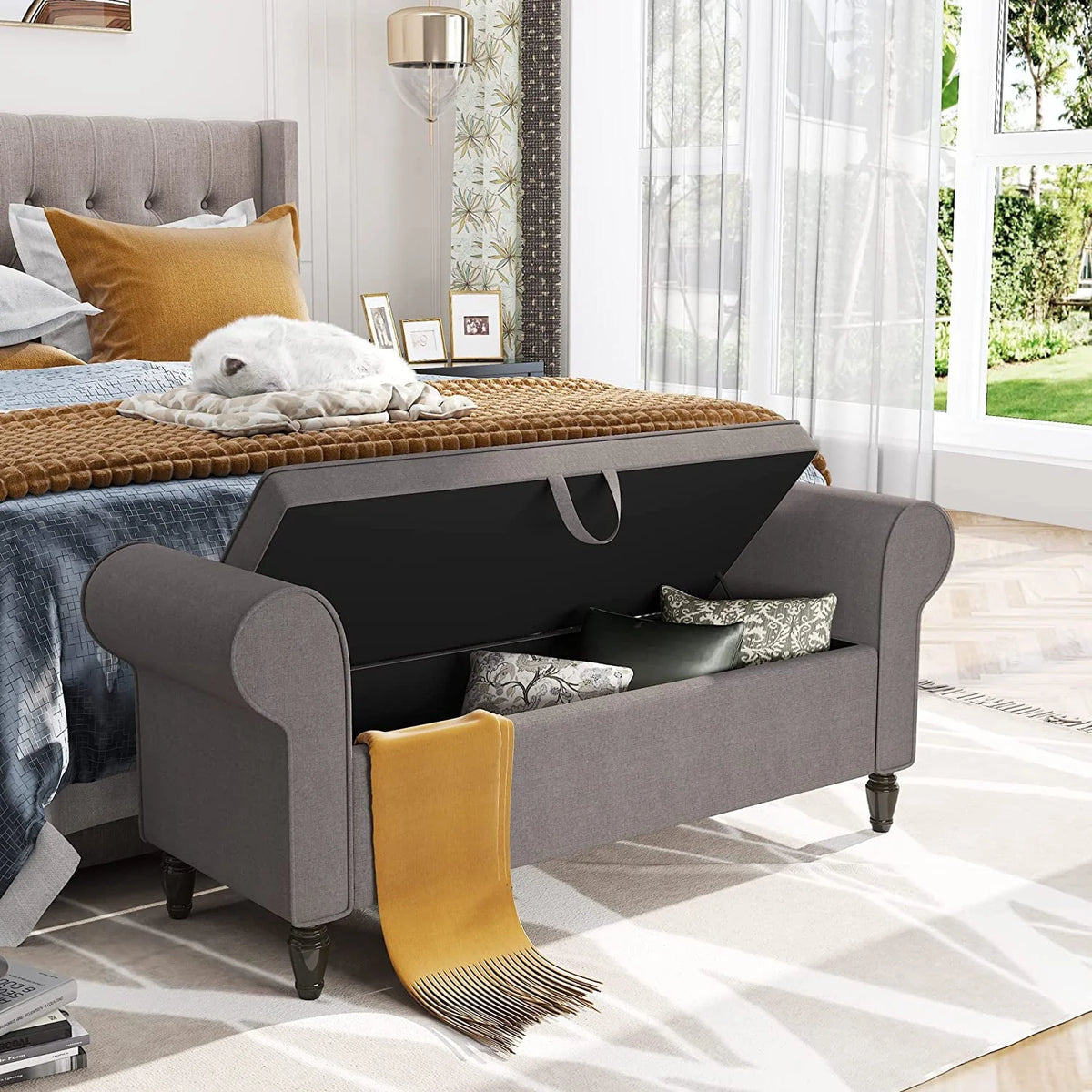 Andeworld Storage Bench with Arms Upholstered Bench Settee for Bedroom Living Room Gray - Product image 4