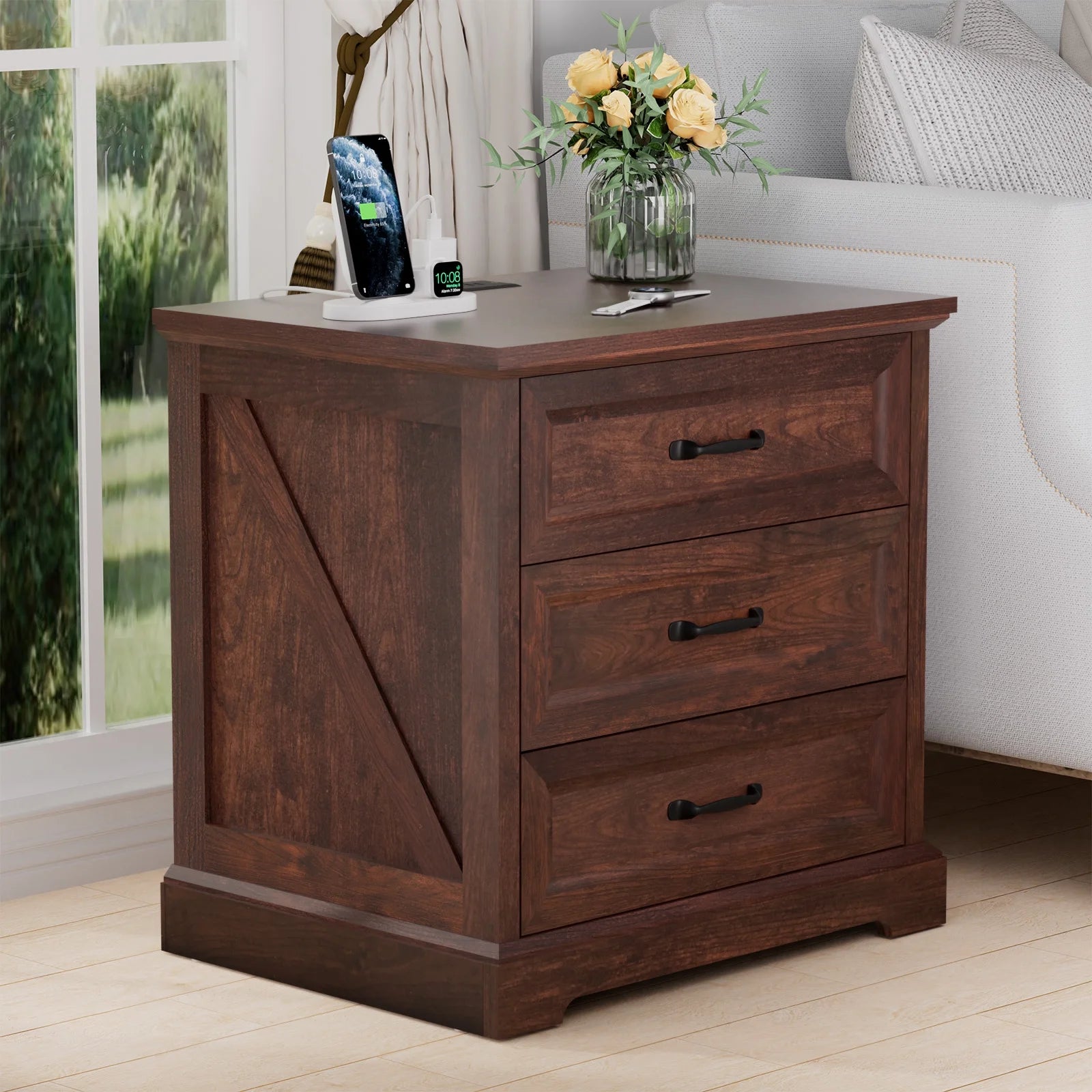 Hommpa Farmhouse 3 Drawers Nightstand with Charging Station, Rustic Wood Night Stand with Drawers for - Product image 37