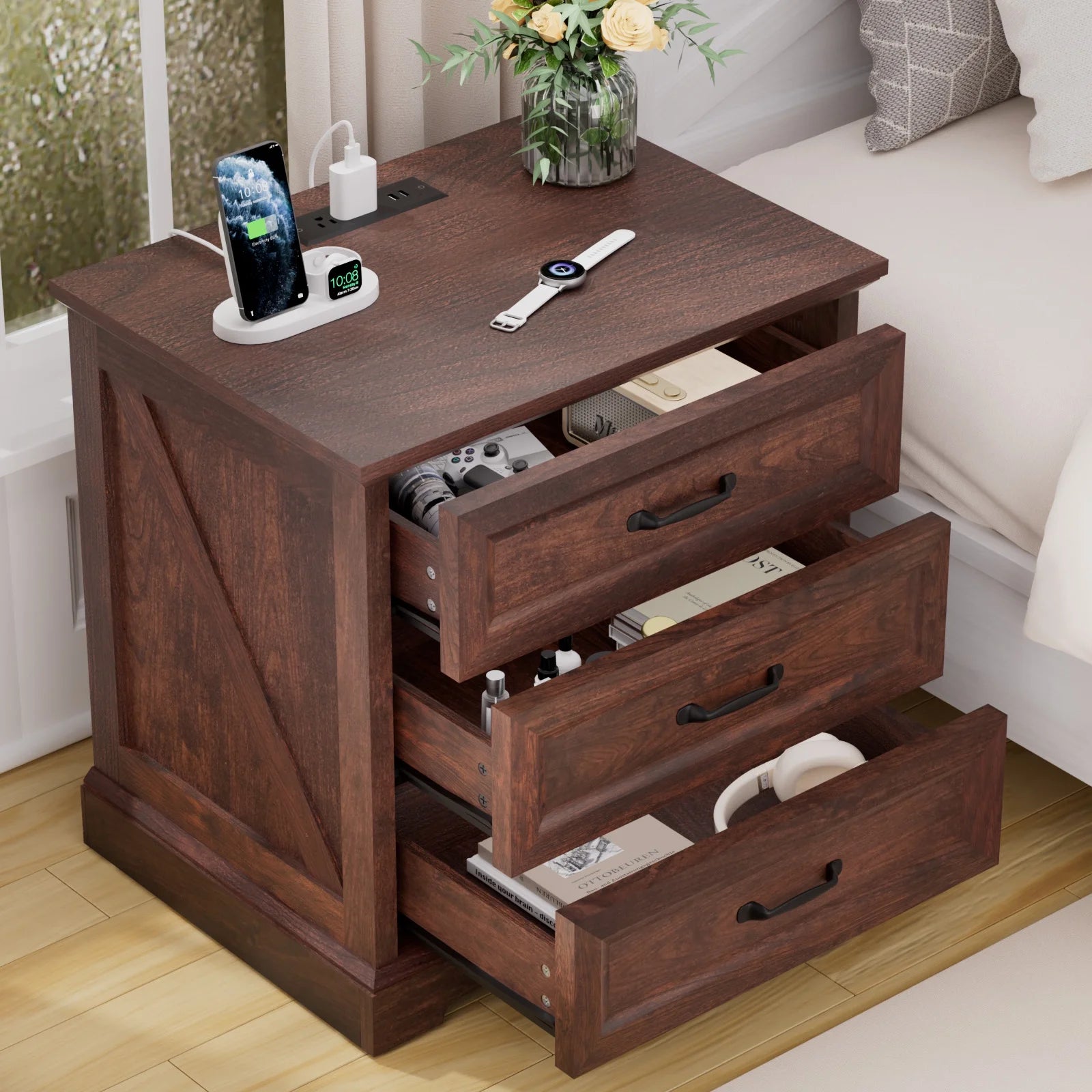 Hommpa Farmhouse 3 Drawers Nightstand with Charging Station, Rustic Wood Night Stand with Drawers for - Product image 38