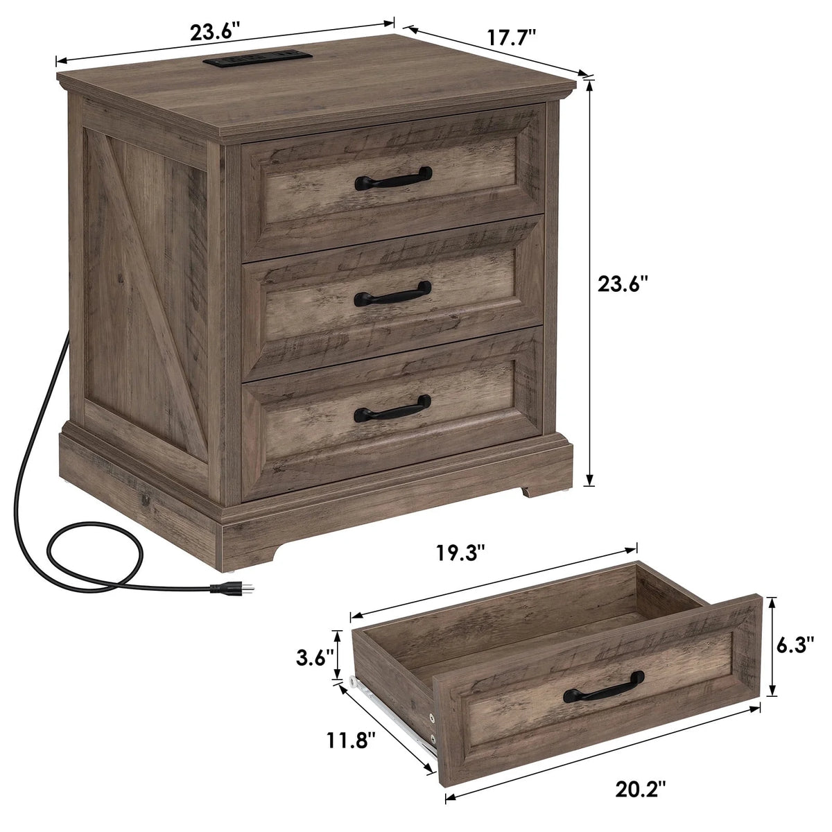Hommpa Farmhouse 3 Drawers Nightstand with Charging Station, Rustic Wood Night Stand with Drawers for - Product image 18