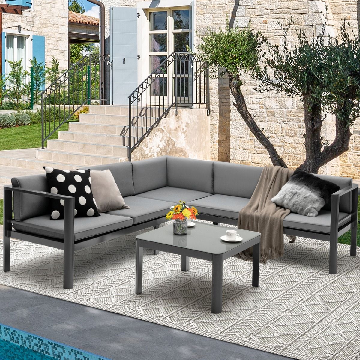 Outdoor Garden Furniture with Tempered Glass Coffee Table Sofa with 6-Level Reclining Backrest Cushions Included Gray -
