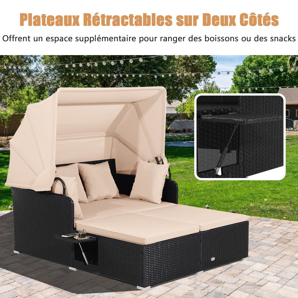 2-Seater Rattan Lounge Chair with Retractable Sun Lounger Awning with Foldable Side Panels Load 360KG Beige/Grey -