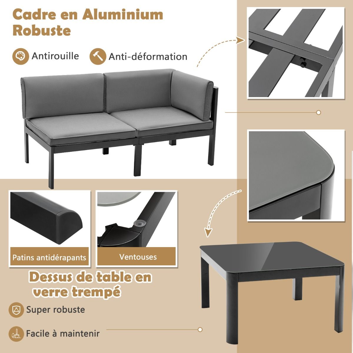 Outdoor Garden Furniture with Tempered Glass Coffee Table Sofa with 6-Level Reclining Backrest Cushions Included Gray -
