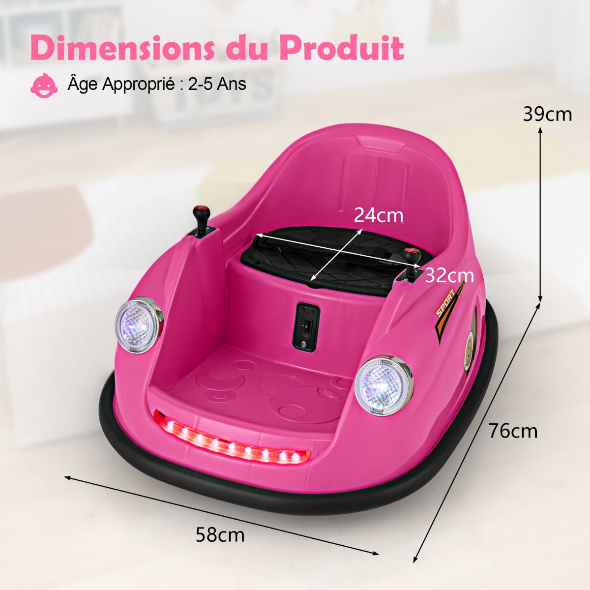 12V Electric Bumper Car for Kids Battery Powered Remote Control LED Lights Music for Ages 2-5 Pink/Red/Blue -