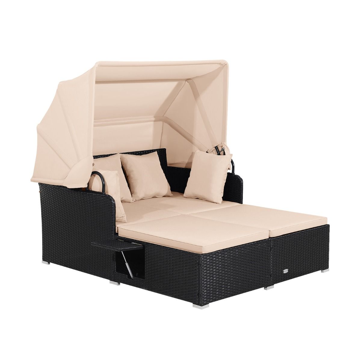 2-Seater Rattan Lounge Chair with Retractable Sun Lounger Awning with Foldable Side Panels Load 360KG Beige/Grey -