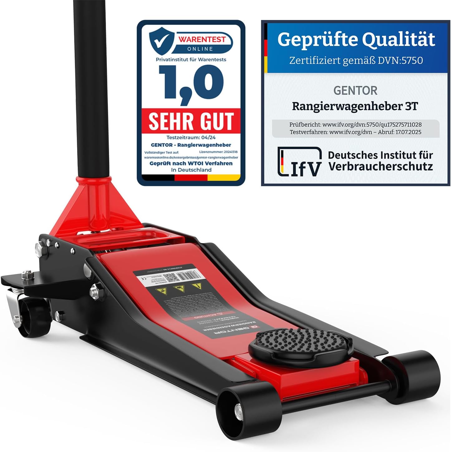 3T Hydraulic Jack - Flat Lifting Height: 75-505 mm - with 2 Rubber Supports - Professional Hydraulic Jack - 360° Lifting Casters, GTWH3000