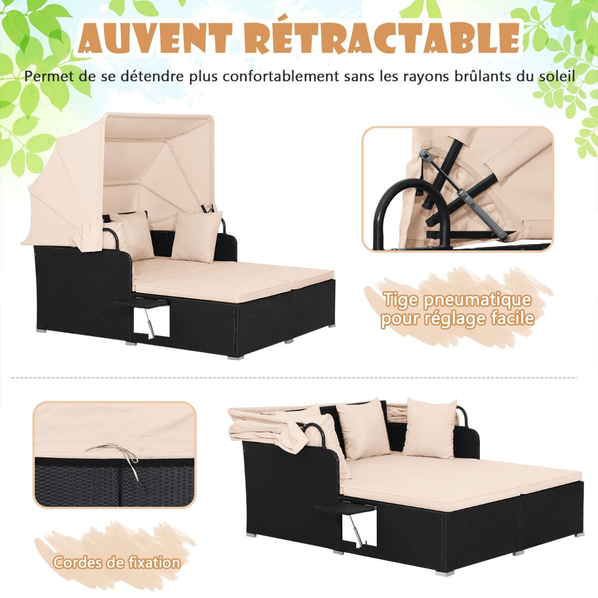 2-Seater Rattan Lounge Chair with Retractable Sun Lounger Awning with Foldable Side Panels Load 360KG Beige/Grey -