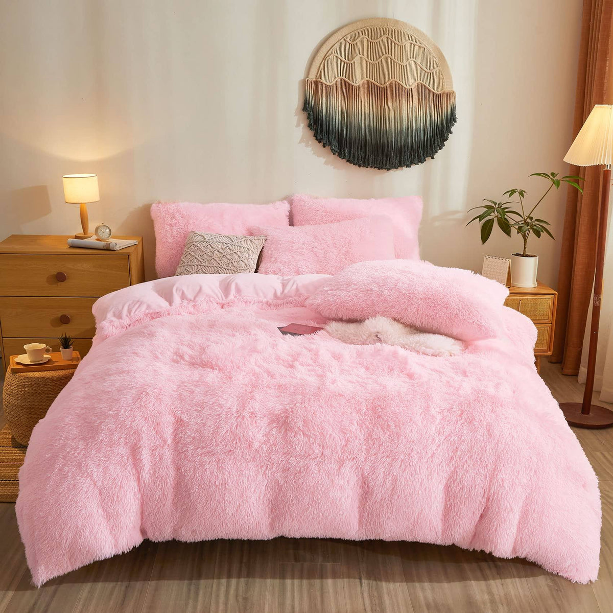 Pink Fluffy Comforter Cover, Ultra Soft Faux Fur Duvet Cover Bedding Sets 3 Pieces with Pillow Cases - Product image 1