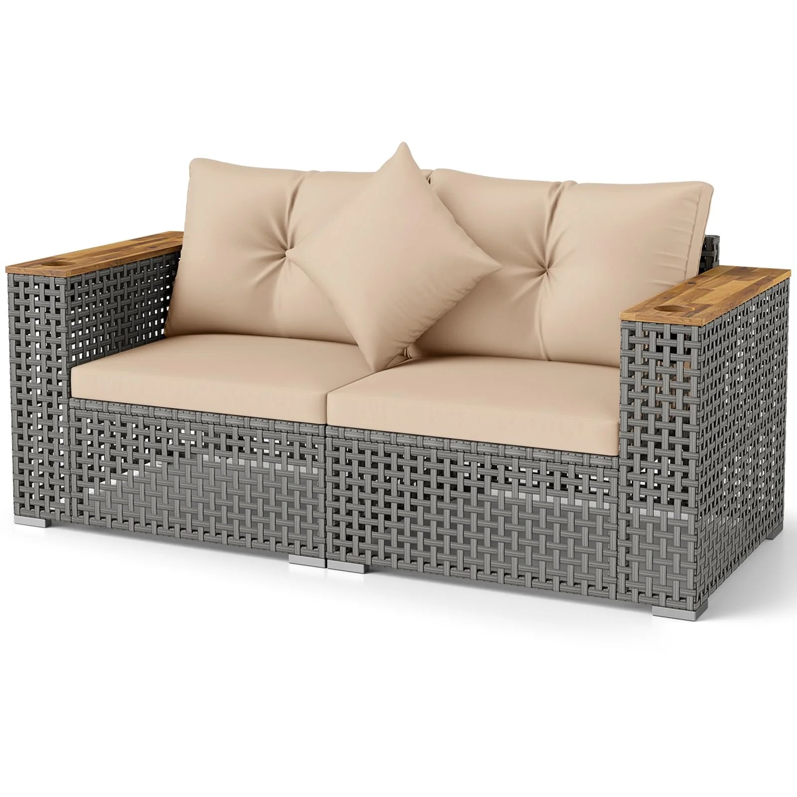 Tangkula 62.5" Large Patio Wicker Loveseat with Acacia Wood Armrests & Cup Holders - Product image 9