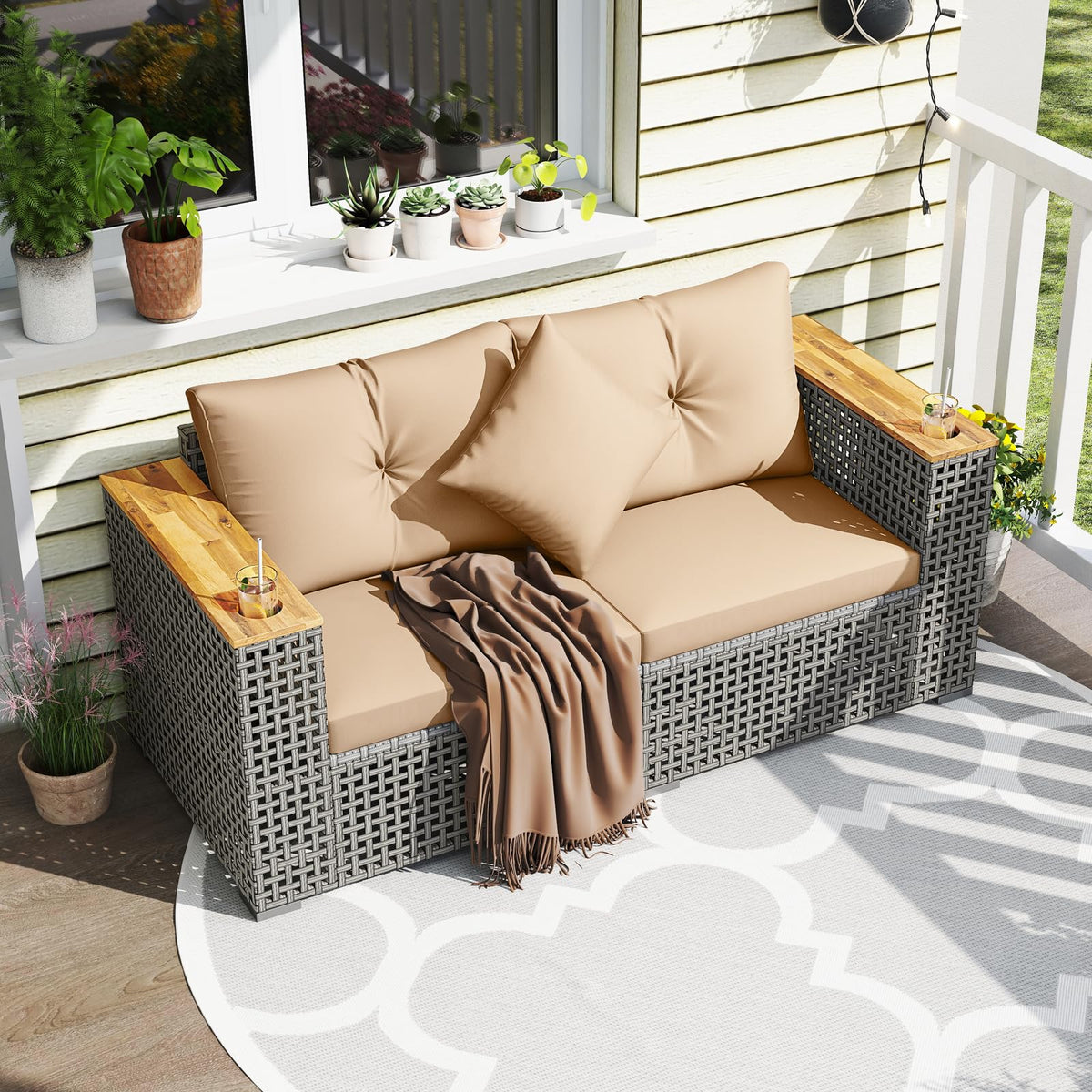 Tangkula 62.5" Large Patio Wicker Loveseat with Acacia Wood Armrests & Cup Holders - Product image 3