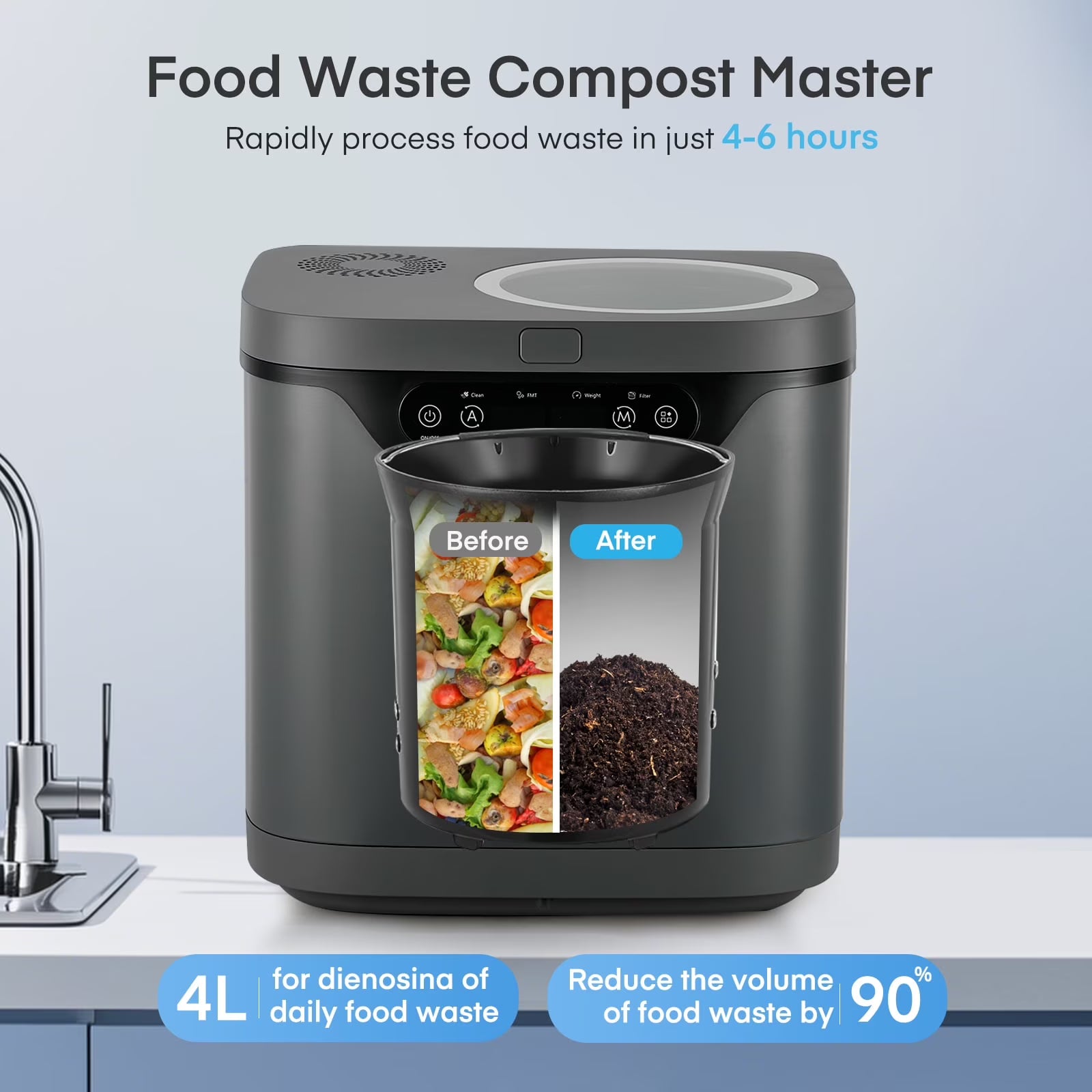 4 L Electric Composter for Kitchen, Countertop Compost Bin Indoor with Visible Window, LED Display - Product image 1
