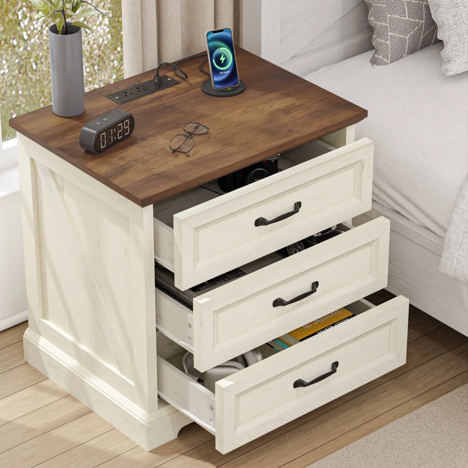 Hommpa Farmhouse 3 Drawers Nightstand with Charging Station, Rustic Wood Night Stand with Drawers for - Product image 9