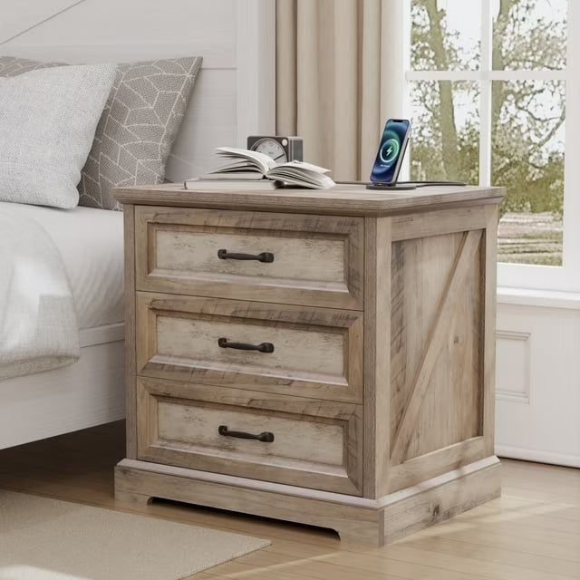 Hommpa Farmhouse 3 Drawers Nightstand with Charging Station, Rustic Wood Night Stand with Drawers for - Product image 3