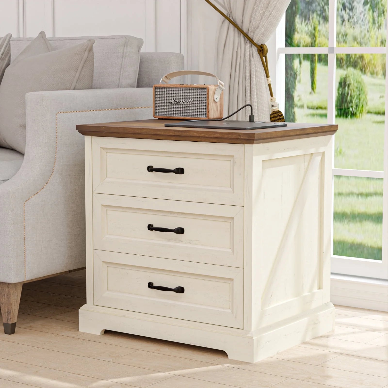 Hommpa Farmhouse 3 Drawers Nightstand with Charging Station, Rustic Wood Night Stand with Drawers for - Product image 12