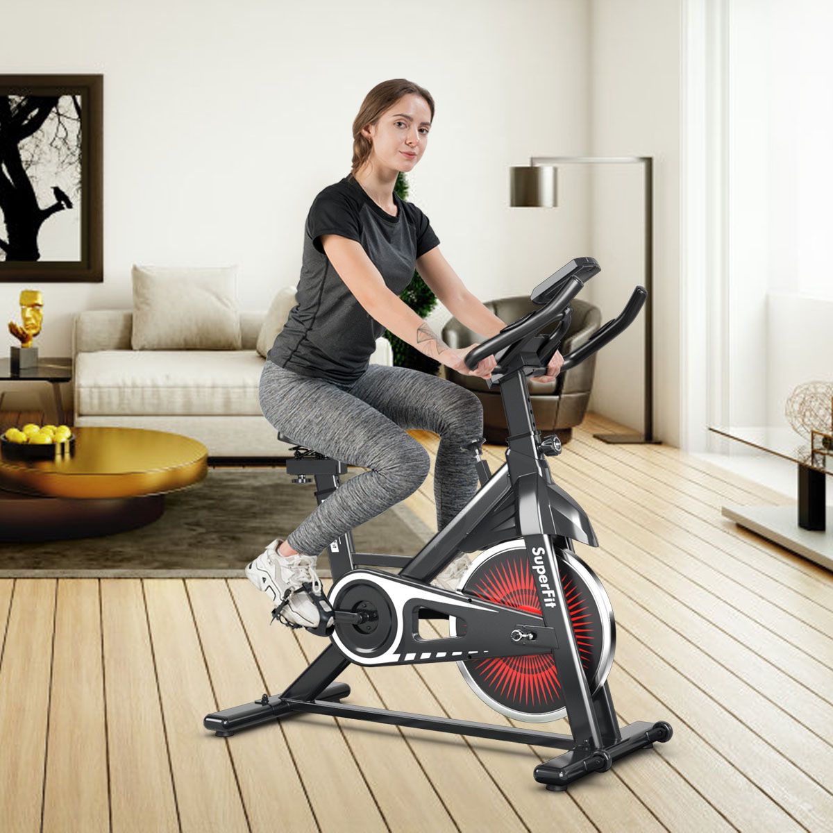 Quiet exercise bike with steel wheel and handlebars -