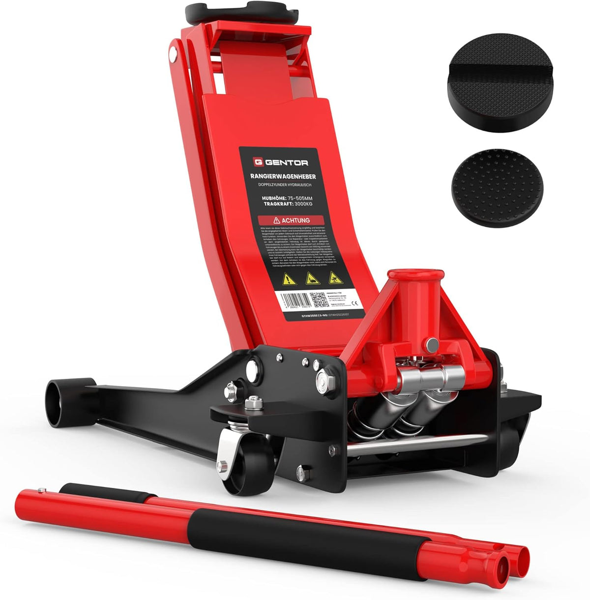 3T Hydraulic Jack - Flat Lifting Height: 75-505 mm - with 2 Rubber Supports - Professional Hydraulic Jack - 360° Lifting Casters, GTWH3000