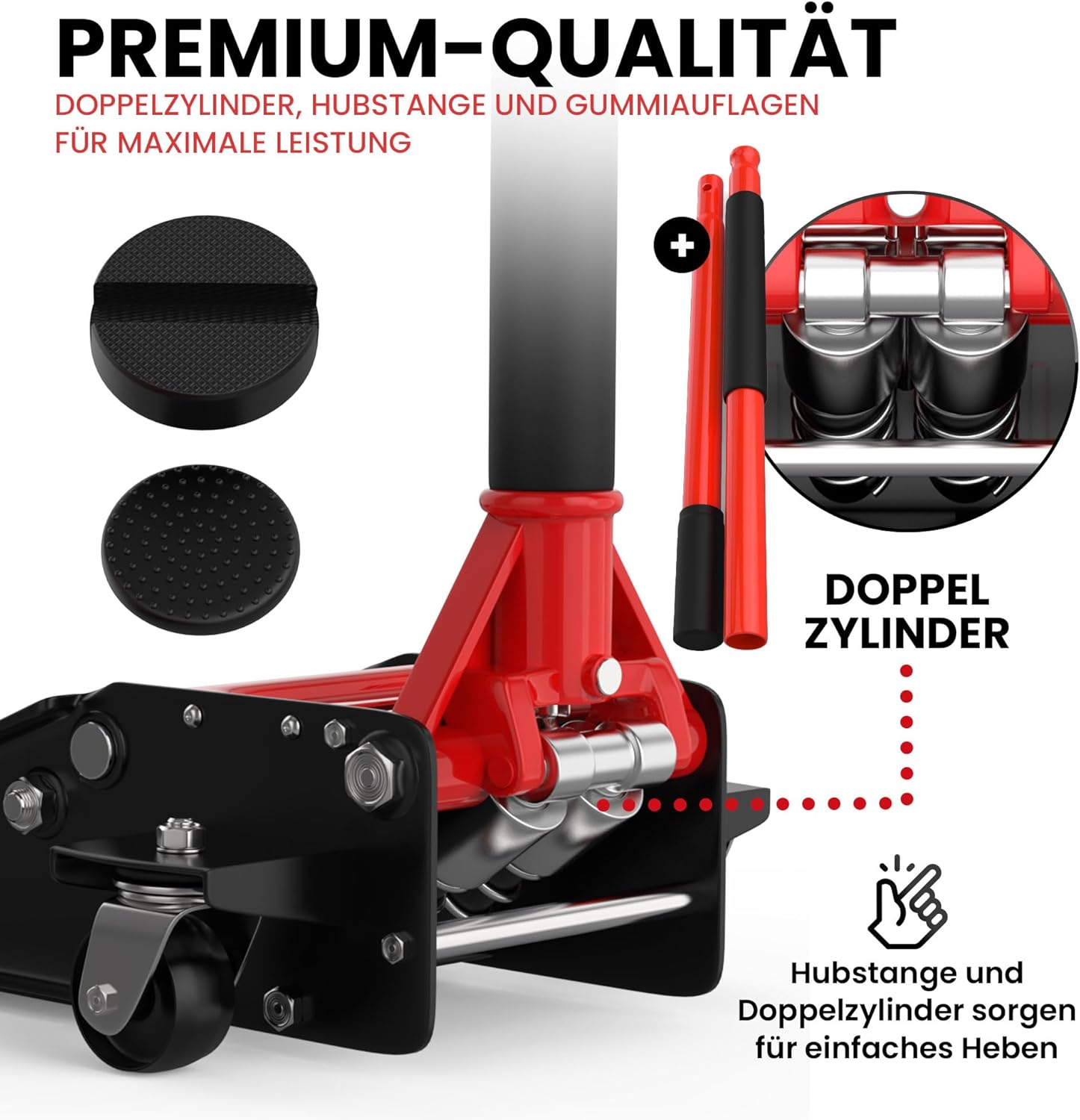 3T Hydraulic Jack - Flat Lifting Height: 75-505 mm - with 2 Rubber Supports - Professional Hydraulic Jack - 360° Lifting Casters, GTWH3000