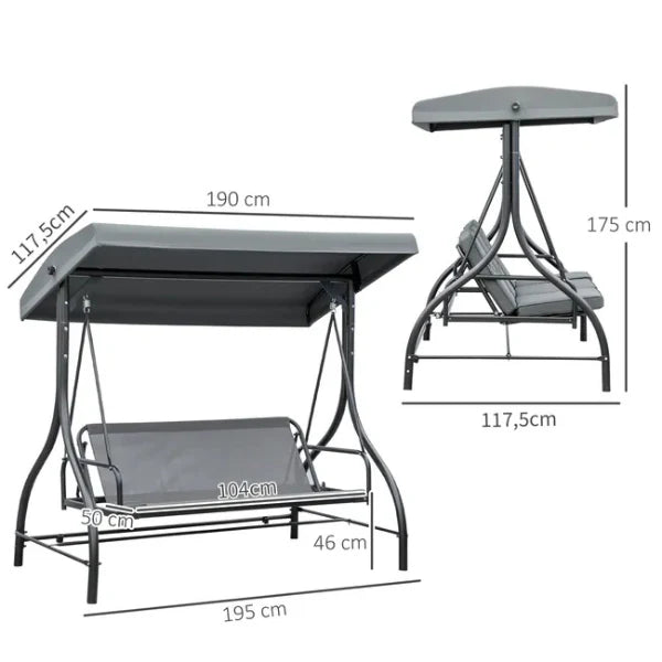 3-seater convertible garden swing, mattress supplied, black metal gray -