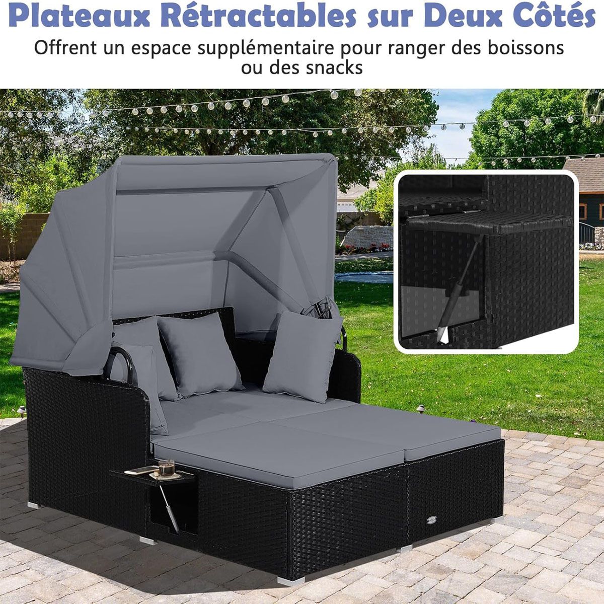2-Seater Rattan Lounge Chair with Retractable Sun Lounger Awning with Foldable Side Panels Load 360KG Beige/Grey -