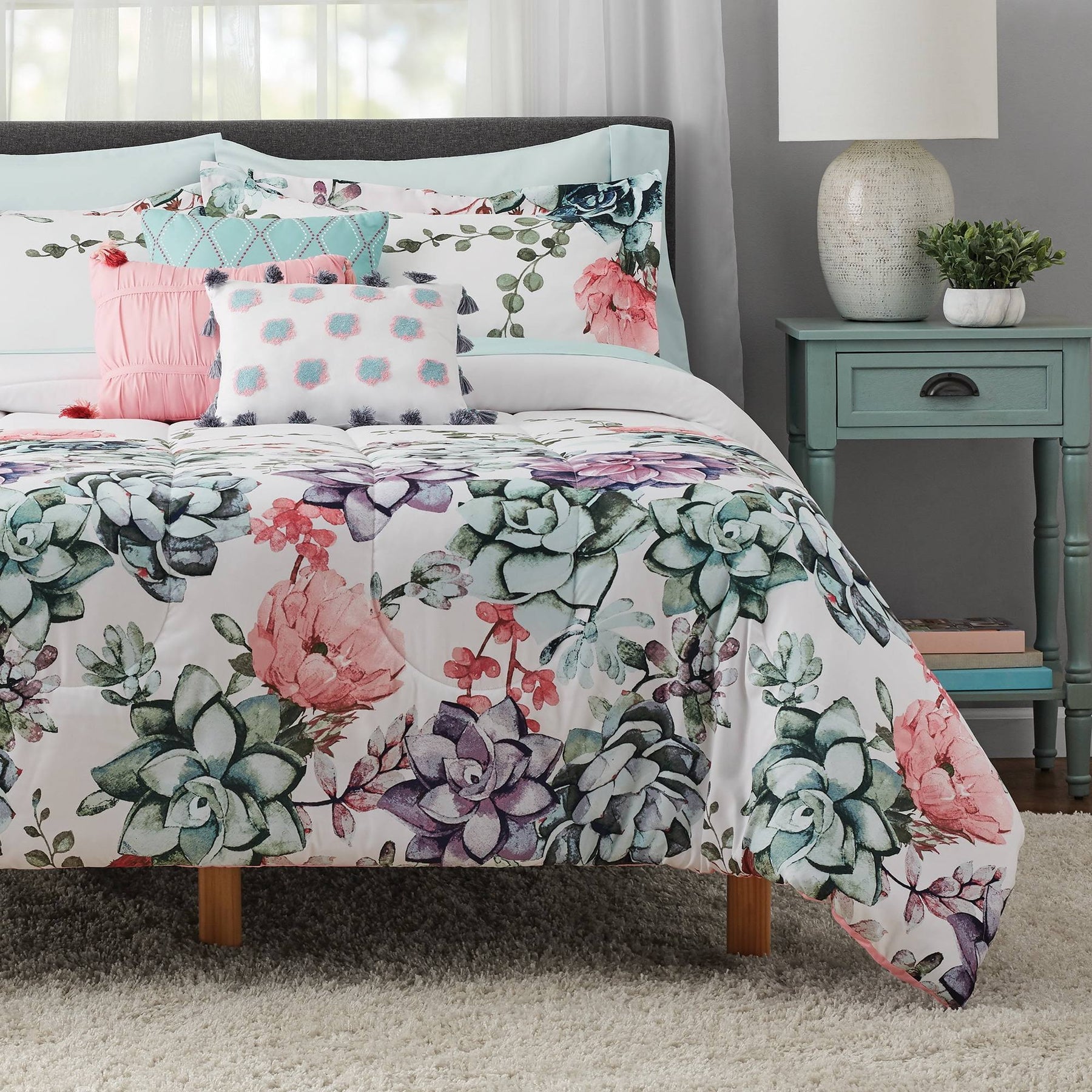 Mainstays Jade Floral 10-Piece Bed in A Bag Bedding Set w/Bonus Sheet Set + Pillows, King - Product image 1