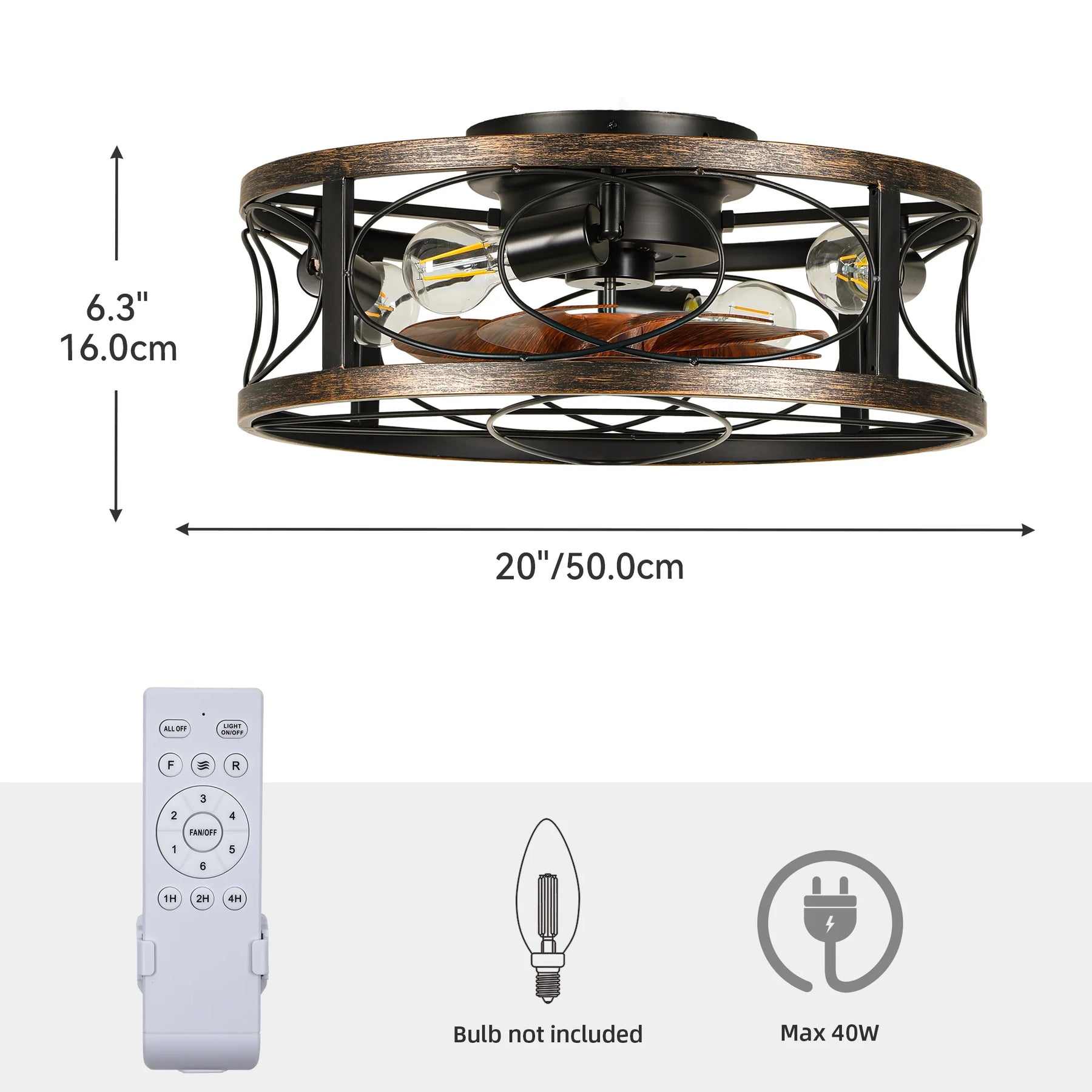 Dextrus 20" Caged Ceiling Fan with Lights and Remote Control, Rustic Farmhouse Flush Mount Design with - Product image 7