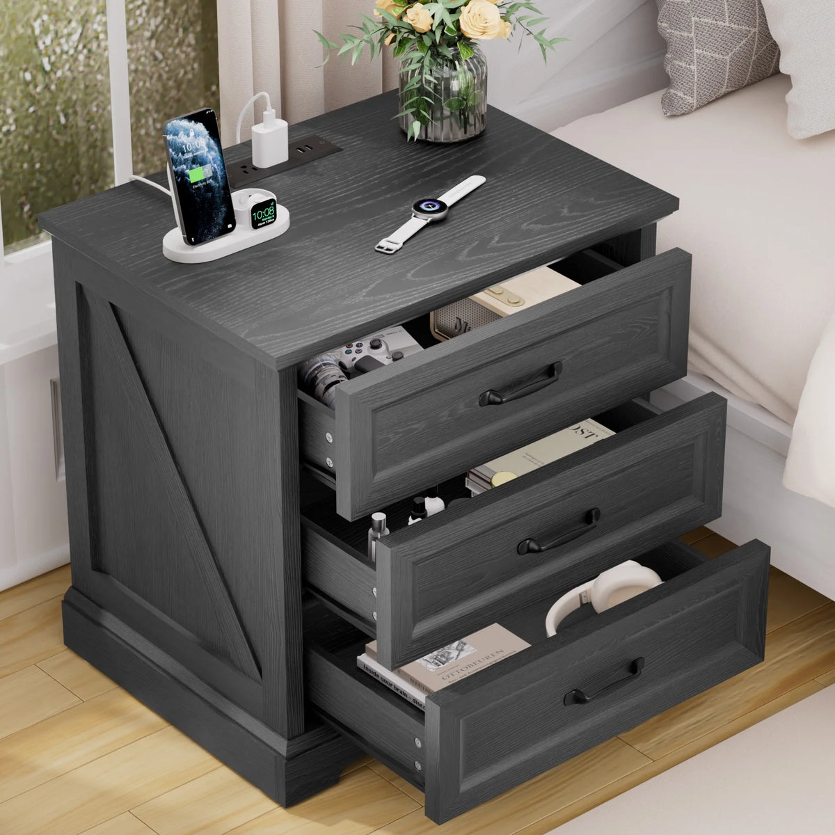 Hommpa Farmhouse 3 Drawers Nightstand with Charging Station, Rustic Wood Night Stand with Drawers for - Product image 29