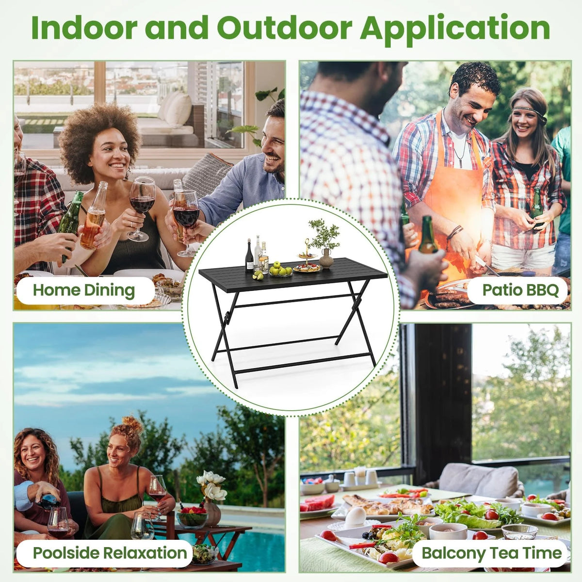 Tangkula Foldable Outdoor Dining Table 48inch x 30inch Rectangular Metal Patio Table with Slatted Tabletop