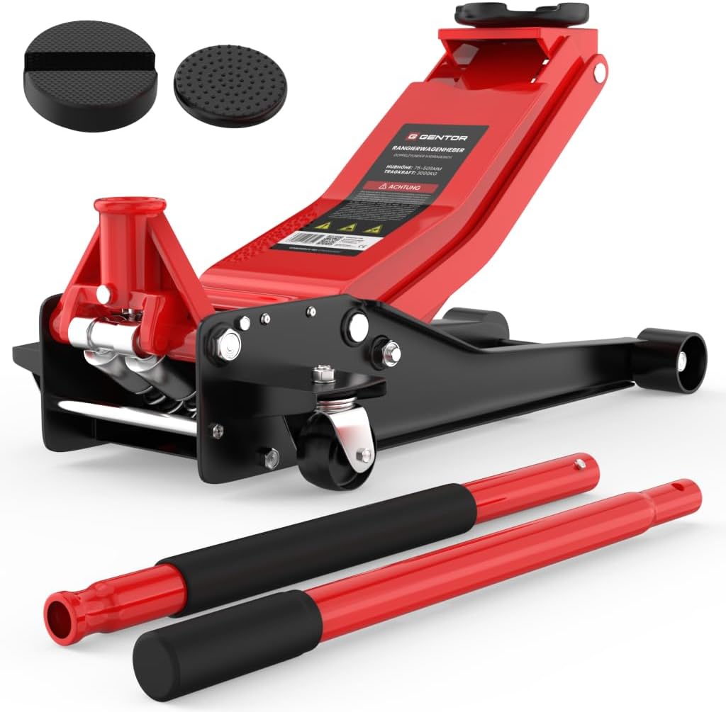 3T Hydraulic Jack - Flat Lifting Height: 75-505 mm - with 2 Rubber Supports - Professional Hydraulic Jack - 360° Lifting Casters, GTWH3000