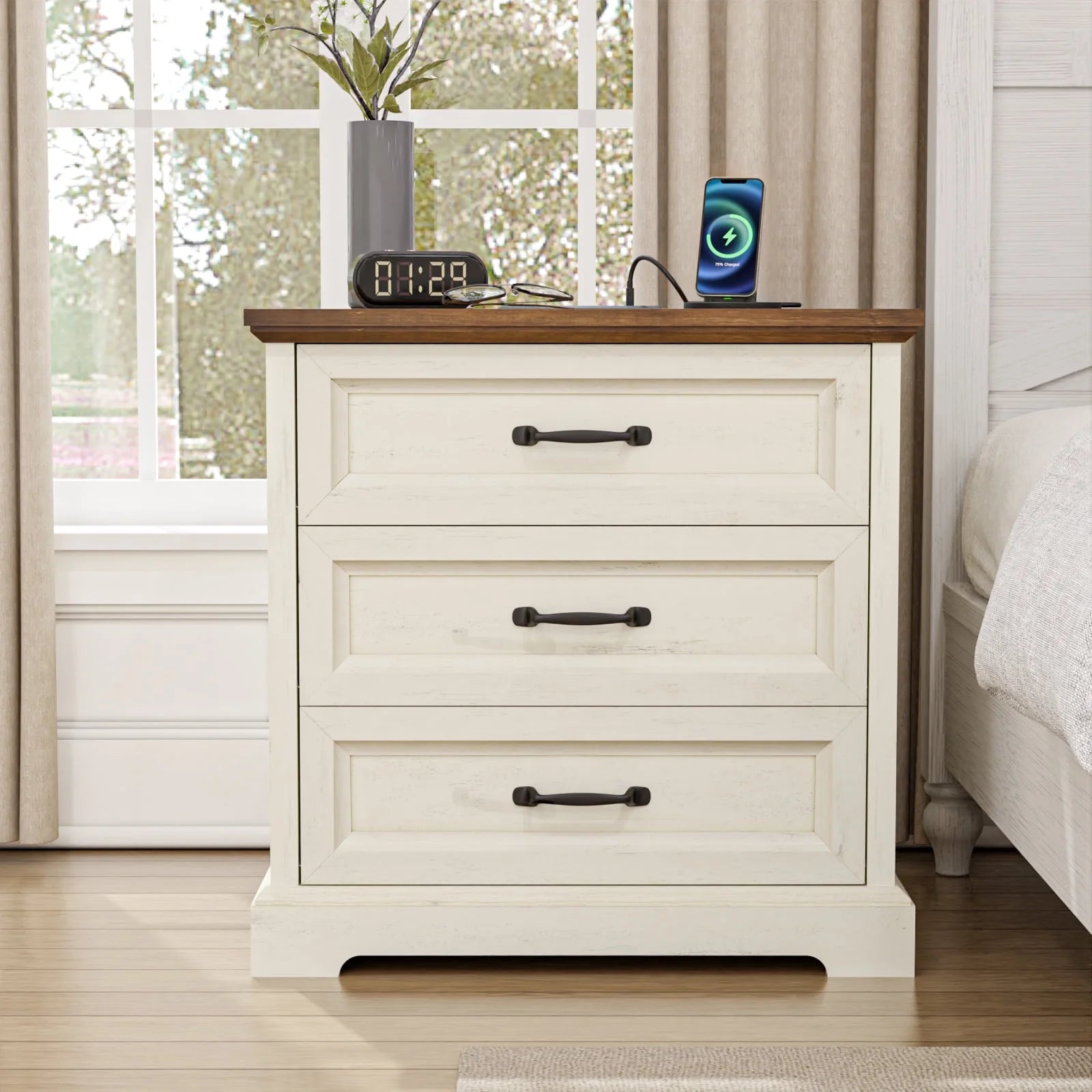 Hommpa Farmhouse 3 Drawers Nightstand with Charging Station, Rustic Wood Night Stand with Drawers for - Product image 11