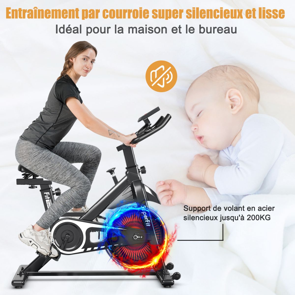 Quiet exercise bike with steel wheel and handlebars -
