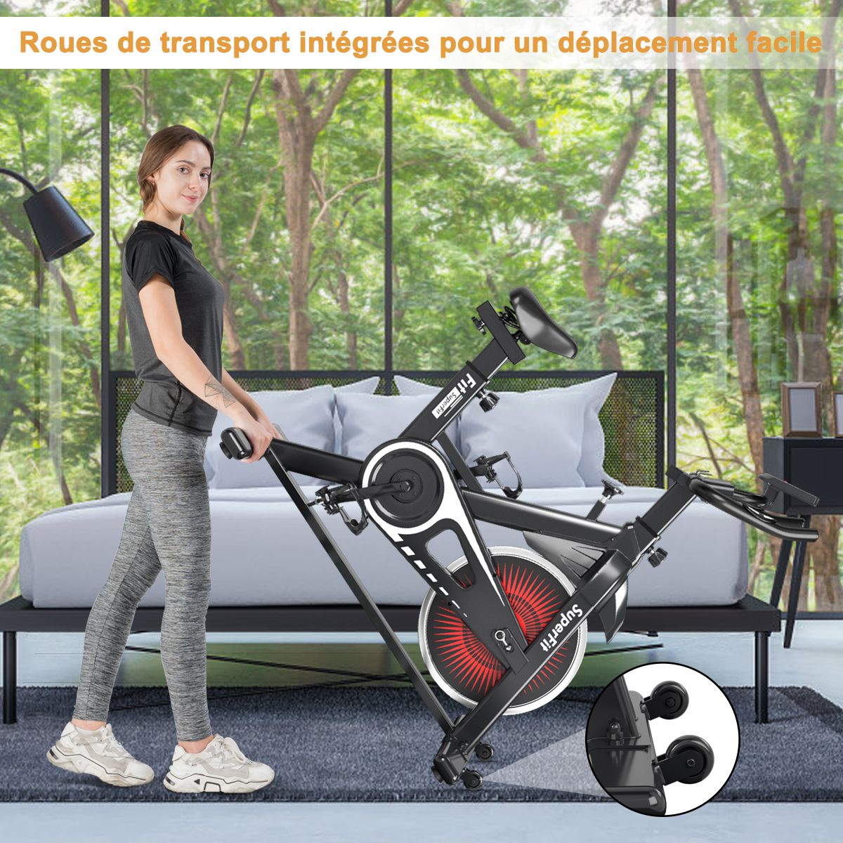 Quiet exercise bike with steel wheel and handlebars -