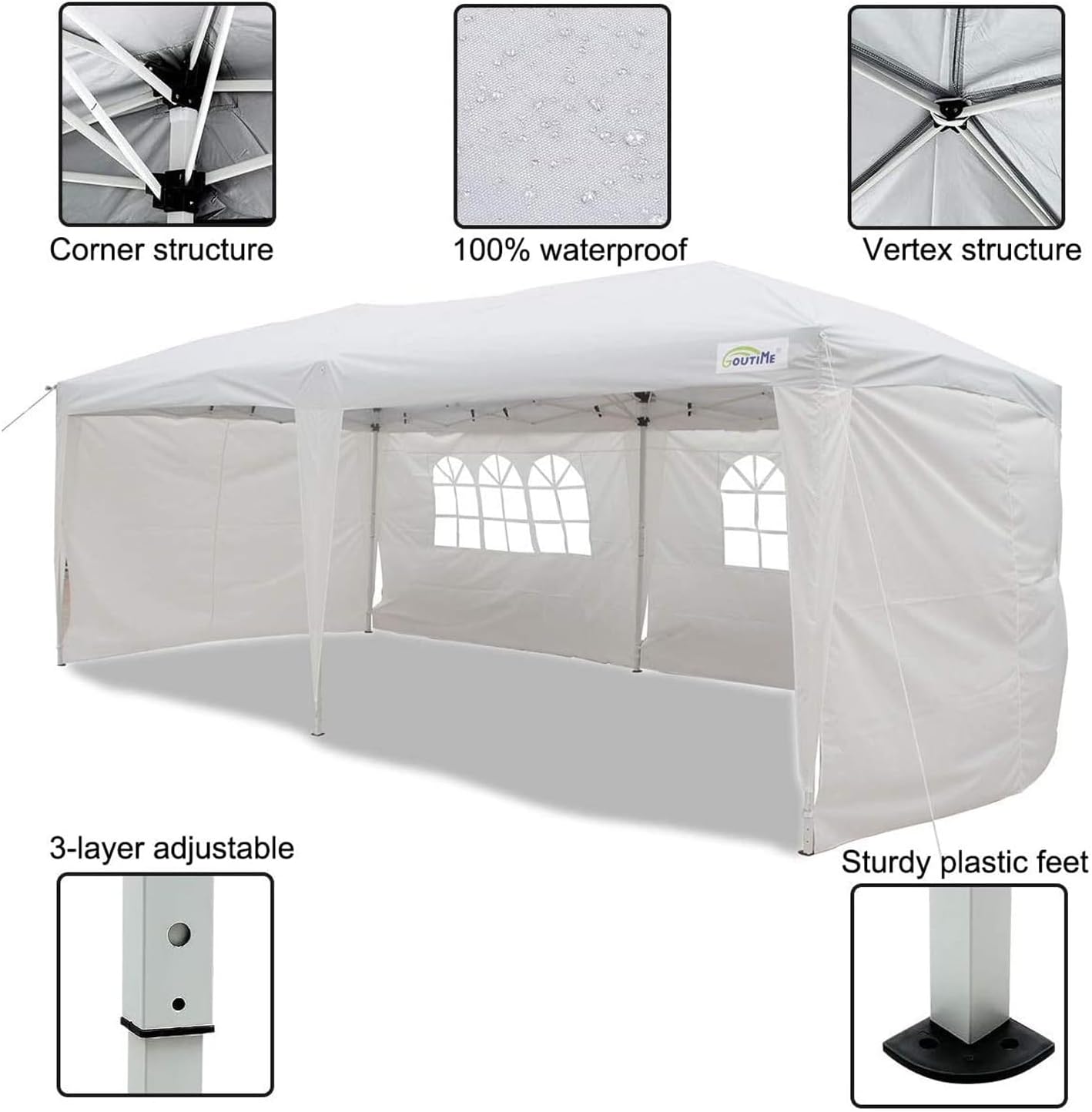 Goutime Folding Gazebo 3x6, Pop up Canopy Gazebo Party Tent, 4 Detachable Walls Even Bag on Wheels, Outdoor Garden Shelter, Party Tent (White)